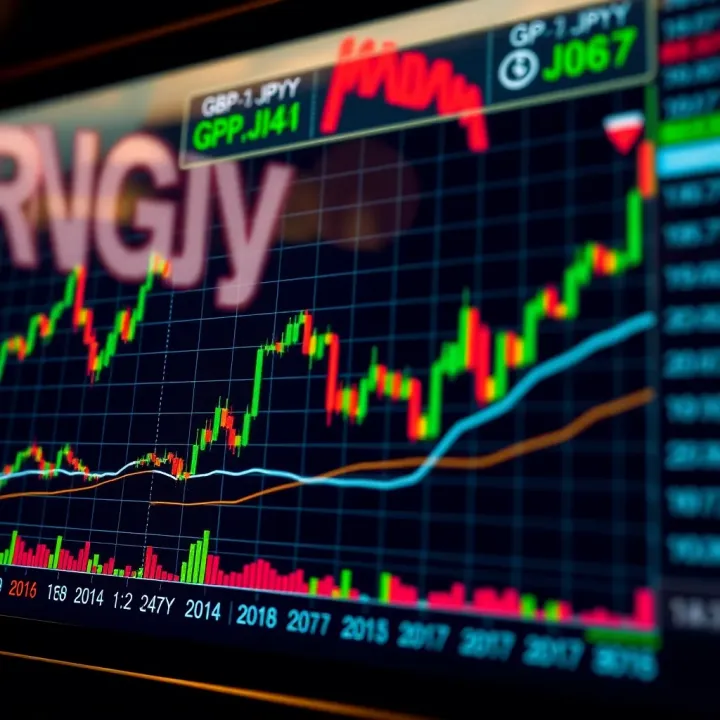 Graph showing GBP to JPY exchange rate fluctuations with technical indicators