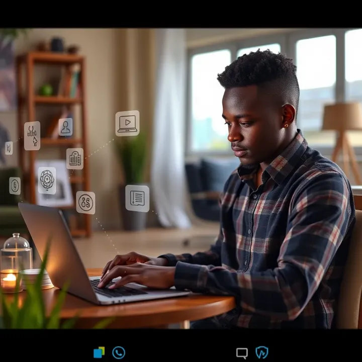Student working on laptop with online learning and earning icons around