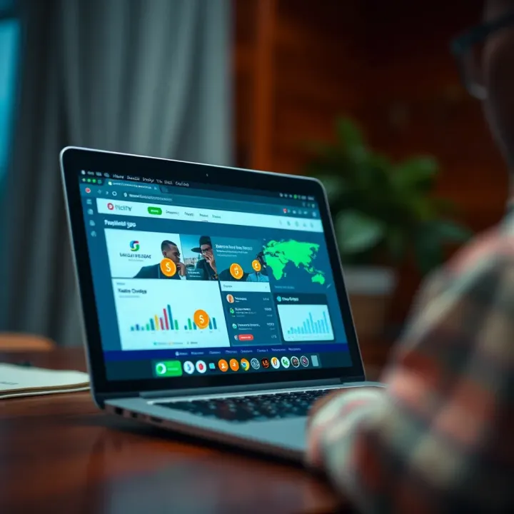 Laptop displaying online freelance job platforms and digital currency symbols