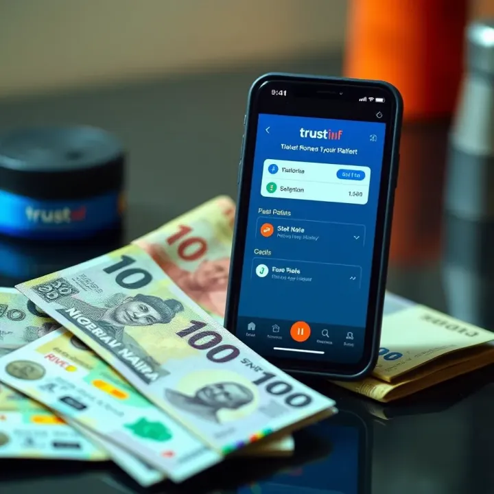 Nigerian Naira currency notes alongside a smartphone displaying a local cash-out platform
