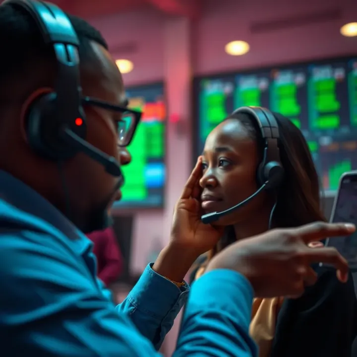 Customer support representative assisting a trader via headset with Nigerian currency symbols