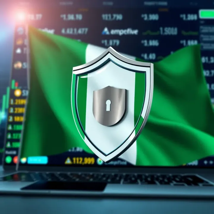 Secure online transaction concept with a Nigerian flag and shield symbolizing safety in trading