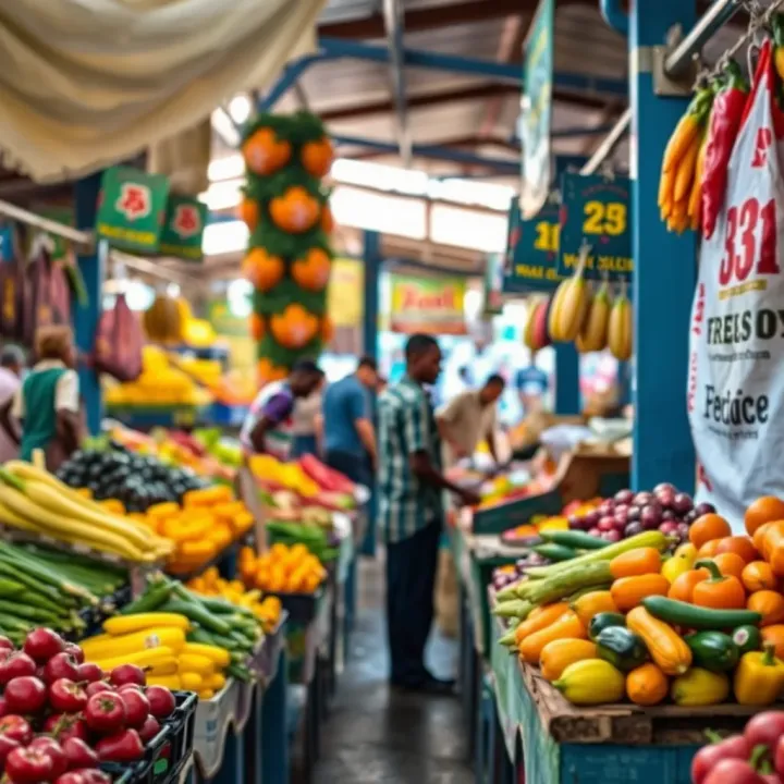 Fresh Produce Stalls at Kwakol Market Colorful stalls displaying fresh fruits and vegetables at a bustling local market