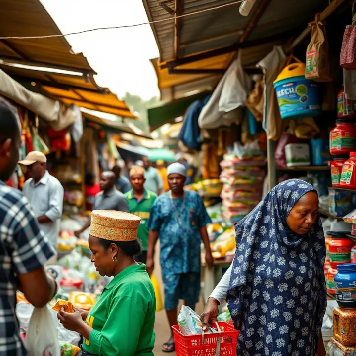 A vibrant outdoor marketplace with various household goods and shoppers interacting