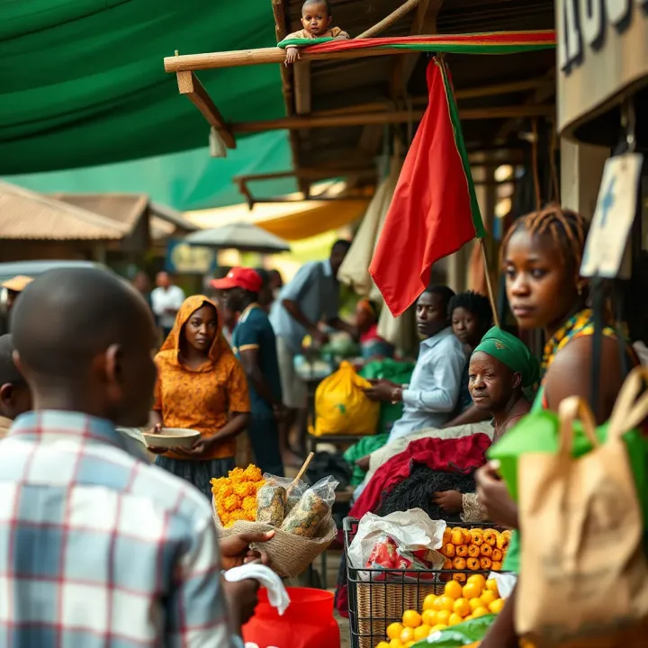 Market Competition Types Demonstrated in a Nigerian Marketplace Illustration of a Nigerian marketplace showing various types of competition
