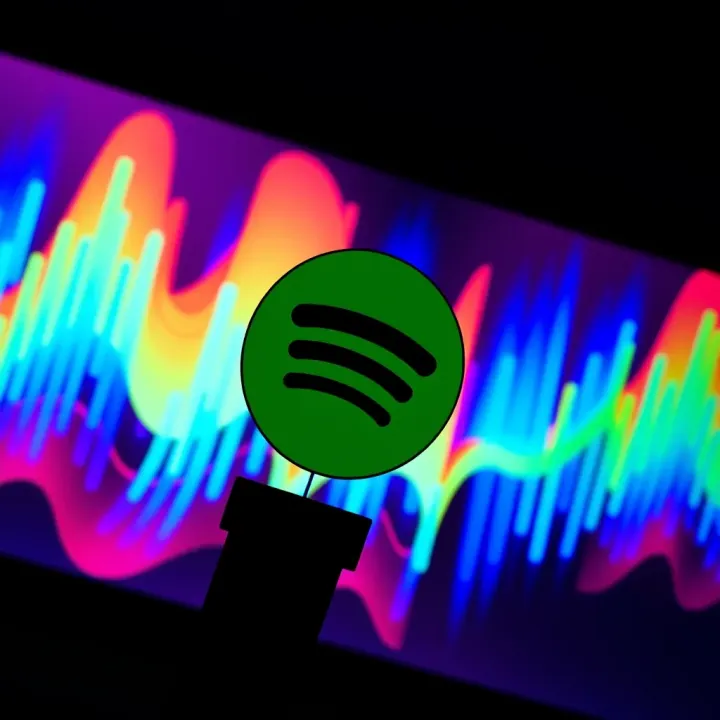 Spotify logo displayed on a digital screen with a vibrant background