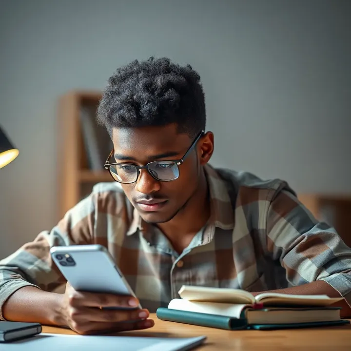 Student using a smartphone while studying with money symbols indicating online income growth