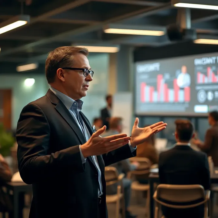 Viktor Radchenko delivering a presentation on innovative technology solutions
