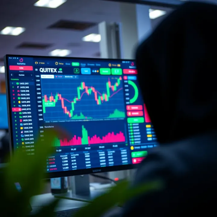 User interface of Quotex platform showing digital asset charts and trading options