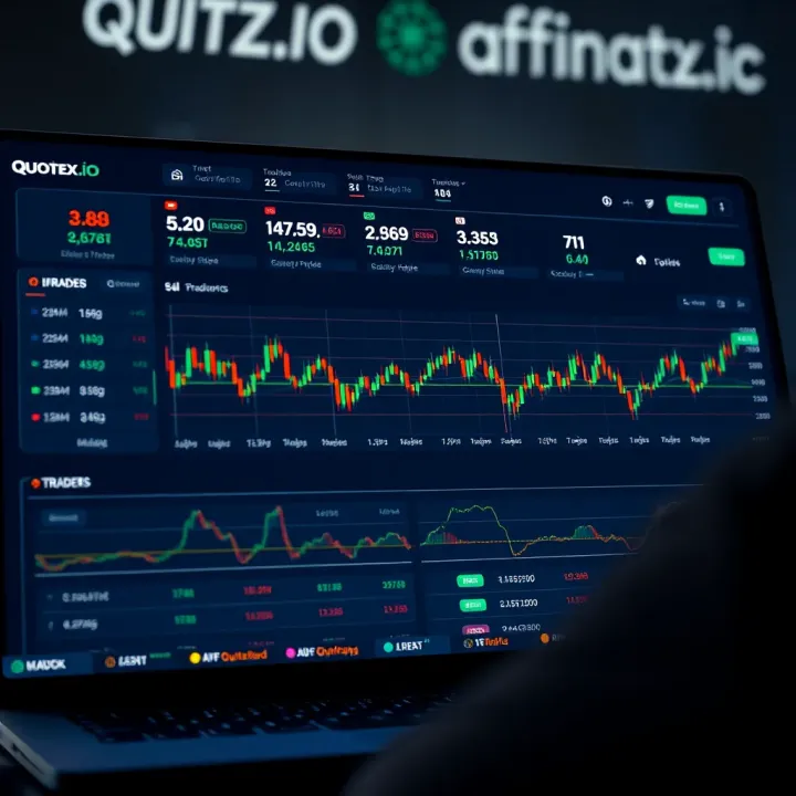 Dashboard view of Quotex.io online trading platform showing various trading options and real-time market data
