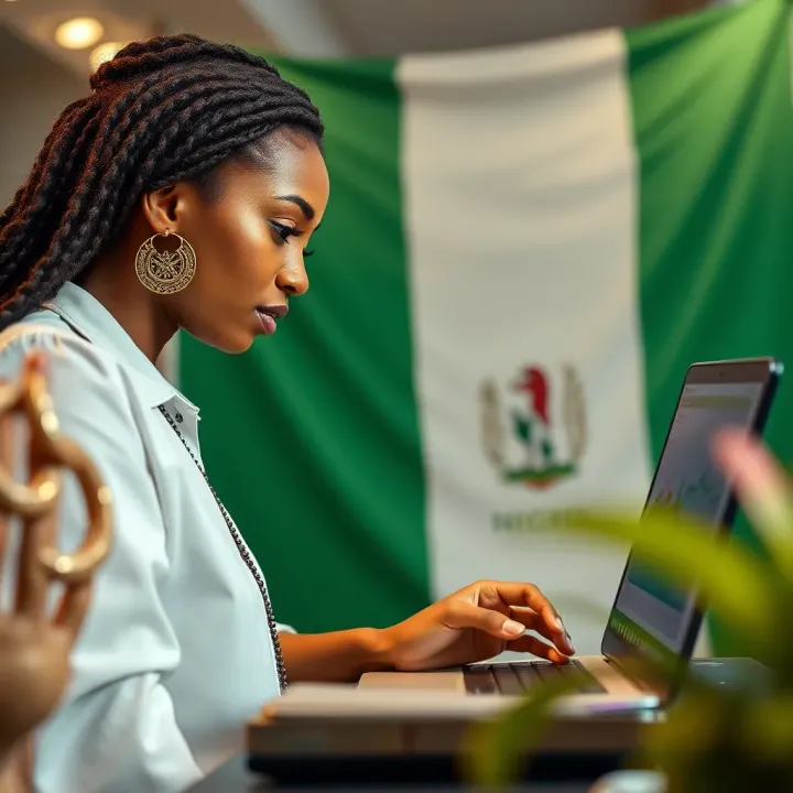 Female forex trader analyzing charts on laptop with Nigerian flag in background