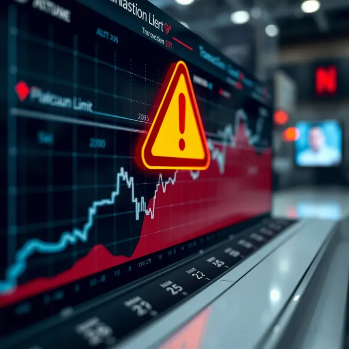 Graph showing financial transaction limits with upward trend and alert symbol