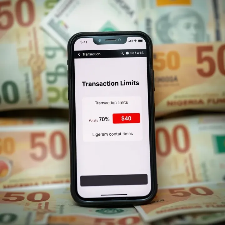 Visual Representation of Transaction Limits in Nigerian Banking Digital display of banking transaction limits on a smartphone screen with Nigerian currency background