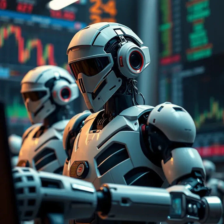 Visual representation of different types of trading robots applied in stock, forex, and cryptocurrency markets including their advantages and risks