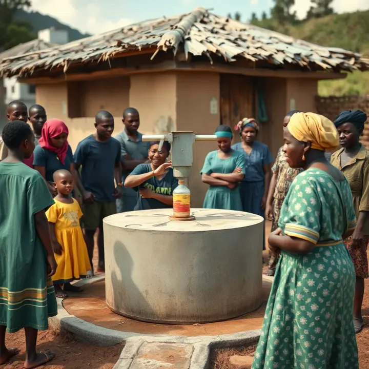 Community gathering around a well supported by crowdfunding for water access