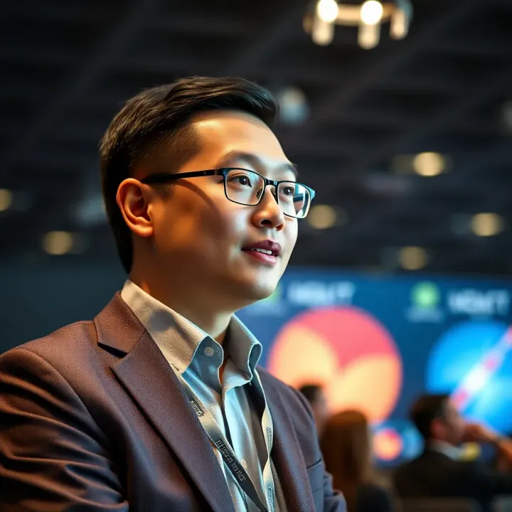 Portrait of Ben Zhou presenting at a technology conference