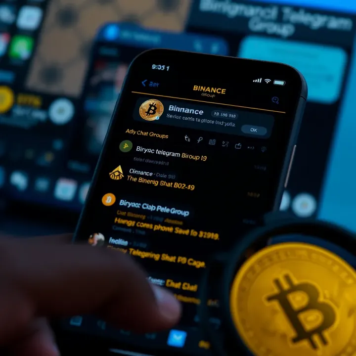 Smartphone screen displaying Binance Telegram group chat interface with cryptocurrency discussion and Bitcoin logo