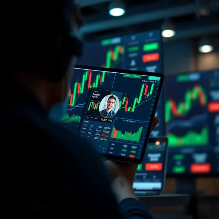 Digital interface showing financial charts and trader profiles on a copy trading platform