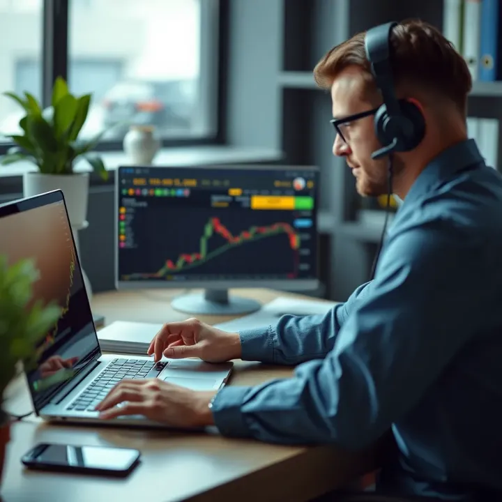 Customer service agent interacting with trader through online chat interface on laptop