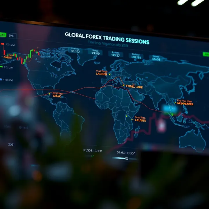 World map highlighting major forex trading centers with corresponding local times for Nigerian traders