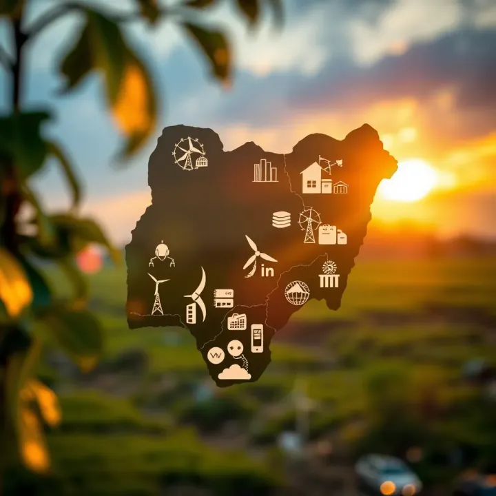 Nigeria's Potential and Opportunities in Fusion Energy Sector Map highlighting Nigeria with icons representing sustainable energy technologies and economic growth