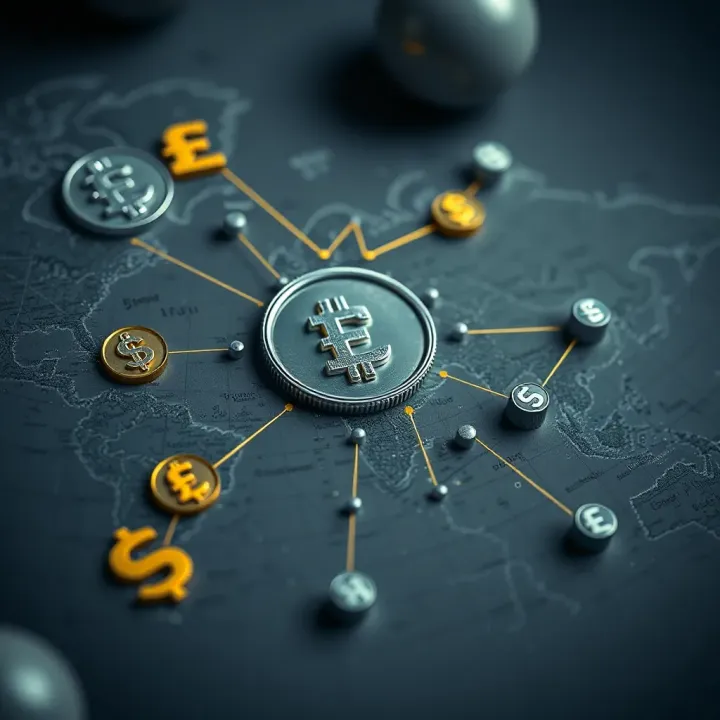 Global currency symbols interconnected on a world map background