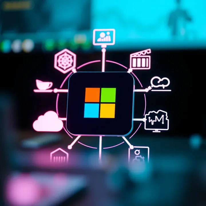 Microsoft's logo surrounded by icons representing cloud computing, software, and digital transformation in Nigeria
