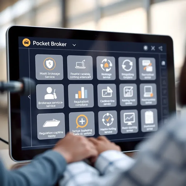 Digital interface showing brokerage service options and regulatory compliance icons
