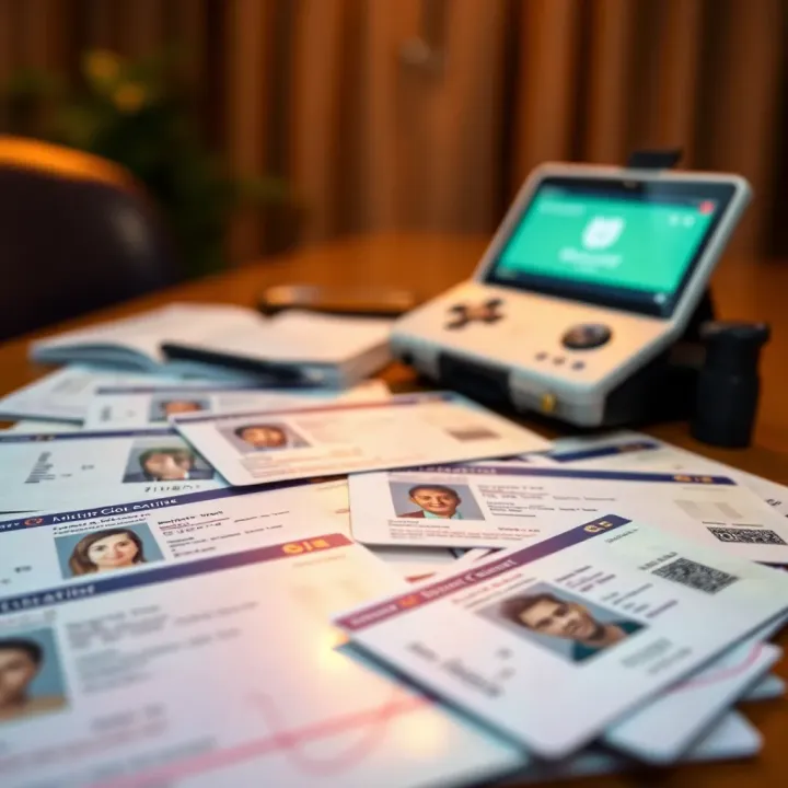 Close-up of various identification cards displayed on a table to illustrate accepted documents for binary trading verification