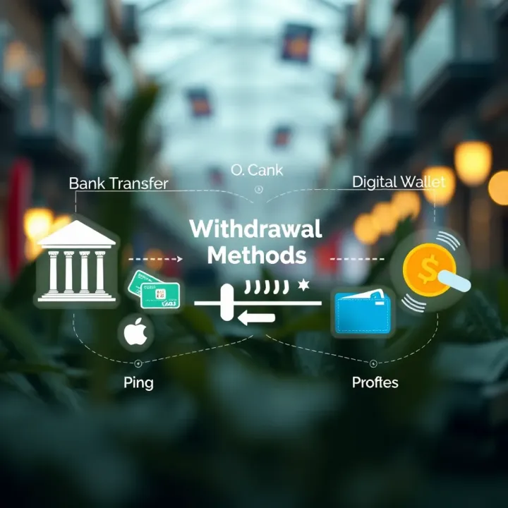 An illustration showing various withdrawal methods including bank transfer, digital wallets, and card payments