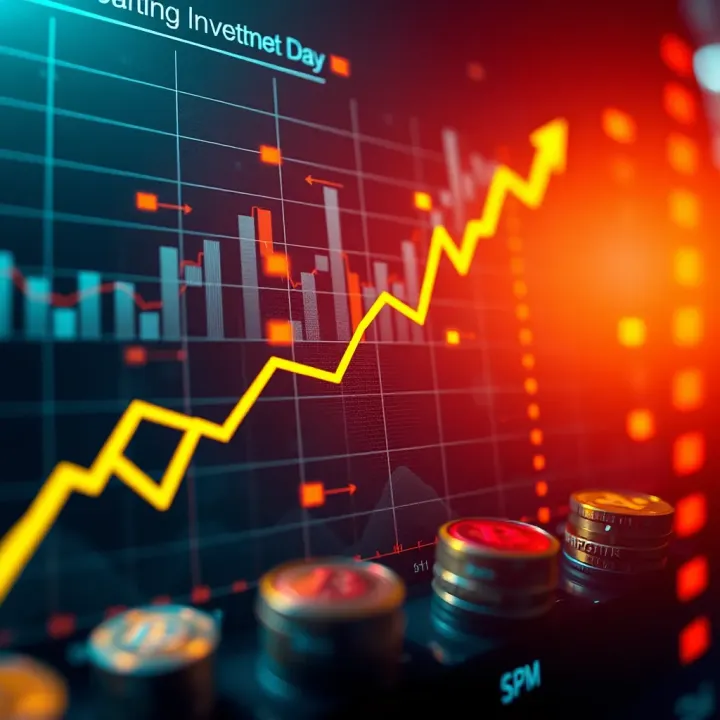 Graph showing upward trend and digital currency icons representing investment growth