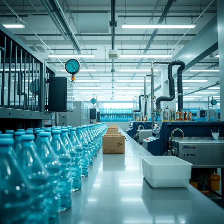 Modern bottled water production facility with clean lines and advanced machinery